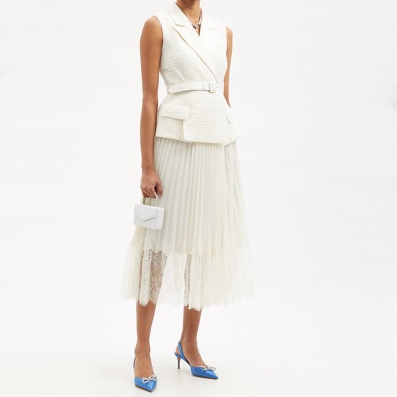 Self-Portrait Sleeveless Belted Tailored Boucle Chiffon Midi Ivory Cream Dress 4 - Picture 8 of 17